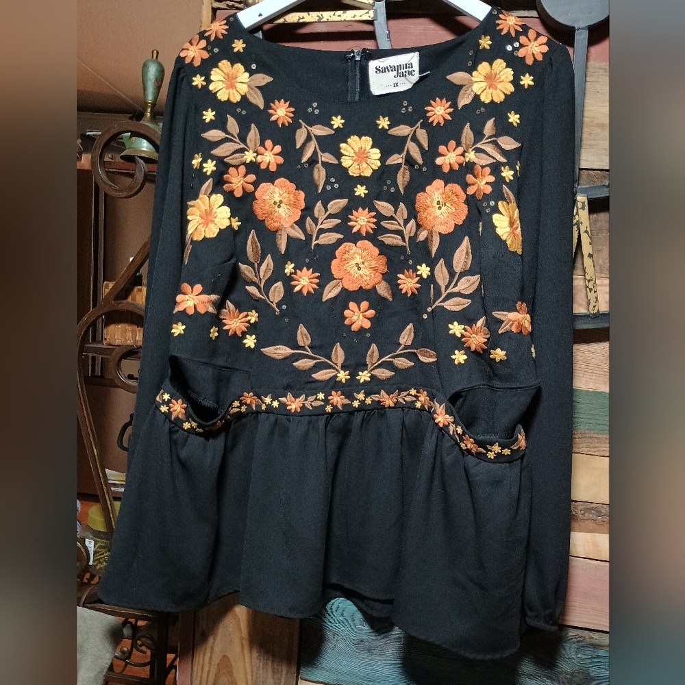 Saivana Black Top with Orange and Yellow Embroidery